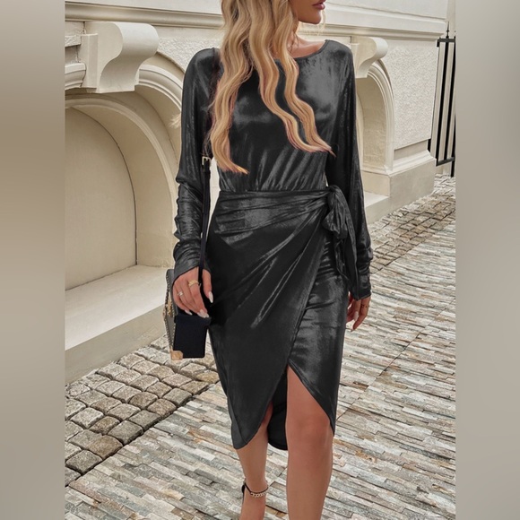 Tied Boat Neck Long Sleeve Dress gold - Picture 9 of 12